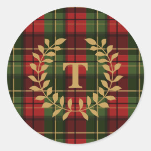 Red And Green Plaid Tartan Pattern With Monogram Classic Round Sticker