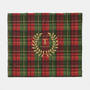 Red And Green Plaid With Custom Monogram Wreath Fleece Blanket