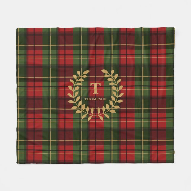 Red And Green Plaid With Custom Monogram Wreath Fleece Blanket (Front (Horizontal))