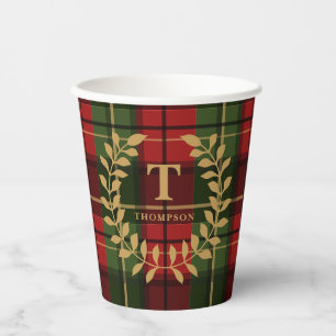 Red And Green Plaid With Laurel Wreath Monogram Paper Cups