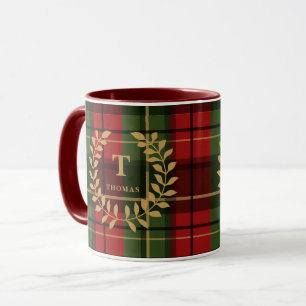 Red And Green Plaid With Monogram Wreath And Name Mug