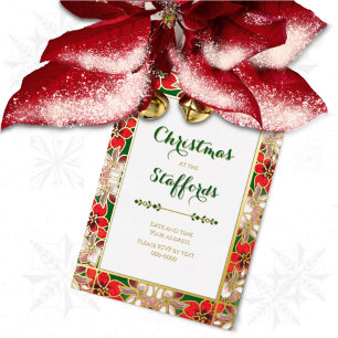 Red and Green Poinsettia in Snow Foil Invitation