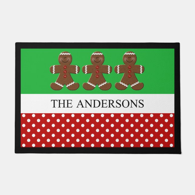 Red and green polka dot gingerbread man Christmas Doormat (Front)