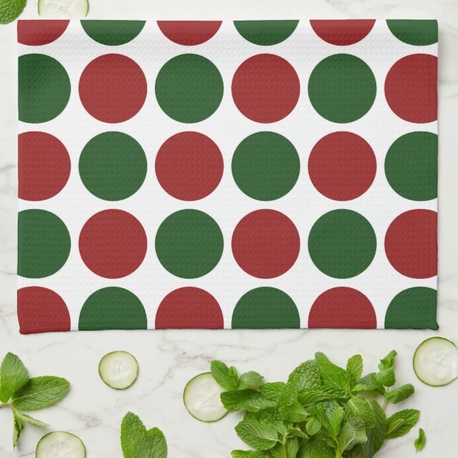 Red and Green Polka Dots on White Tea Towel (Folded)