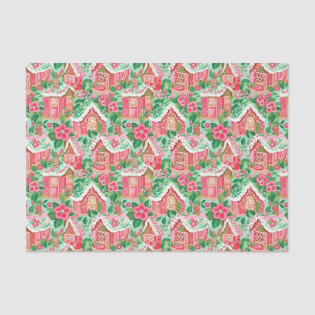 Red and Green Preppy Christmas Gingerbread Houses Tissue Paper (Front)