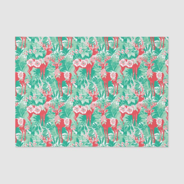 Red and Green Preppy Christmas Reindeer Tissue Paper (Front)