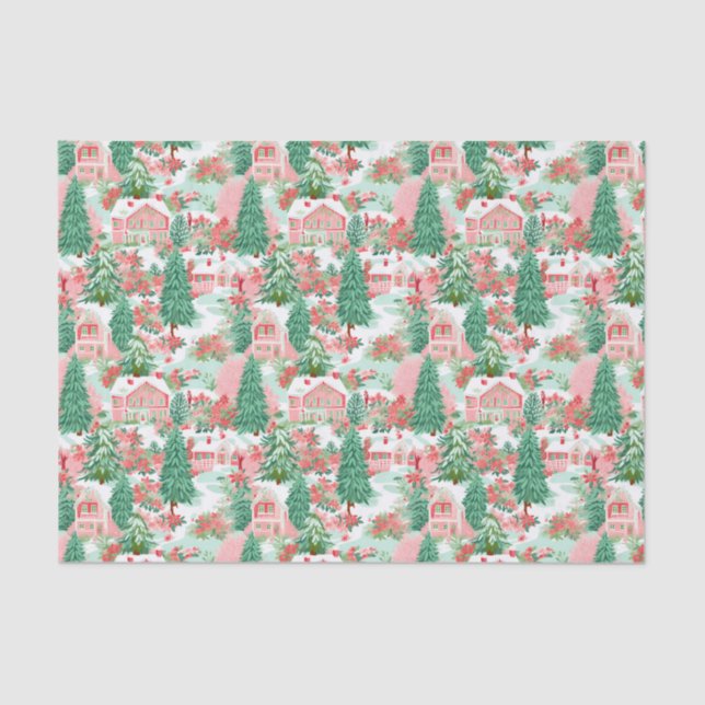 Red and Green Preppy Christmas Winter Houses Tissue Paper (Front)