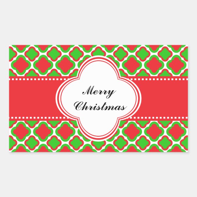 Red and Green Quatrefoil Pattern Christmas Rectangular Sticker (Front)