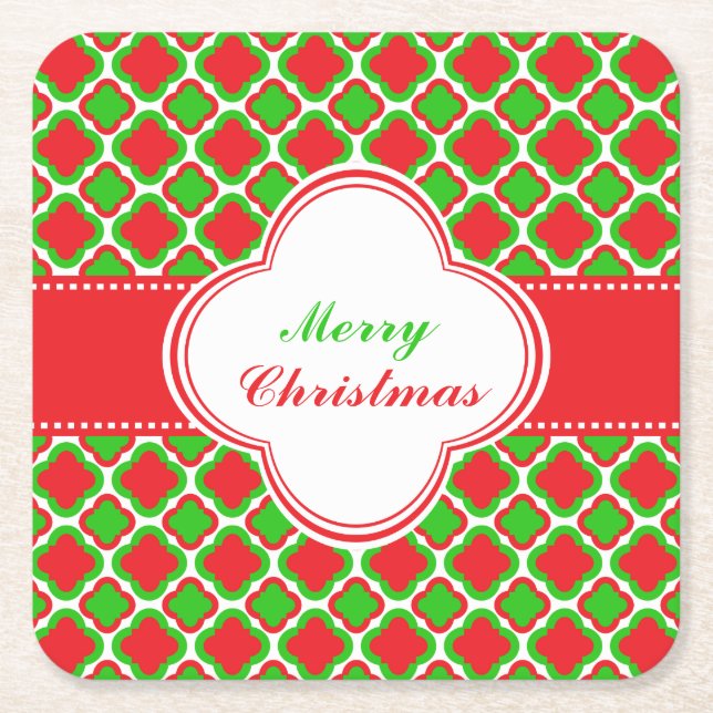 Red and Green Quatrefoil Pattern Christmas Square Paper Coaster (Front)