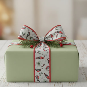 Red and Green Red Cardinal Birds and Holly Pattern Grosgrain Ribbon