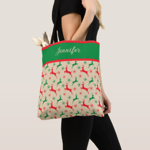 Red and Green Reindeer and Snowflakes Personalised Tote Bag