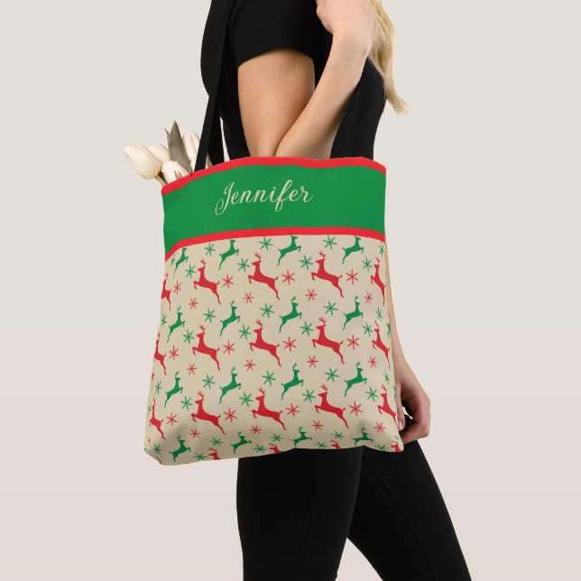 Red and Green Reindeer and Snowflakes Personalised Tote Bag (Close Up)