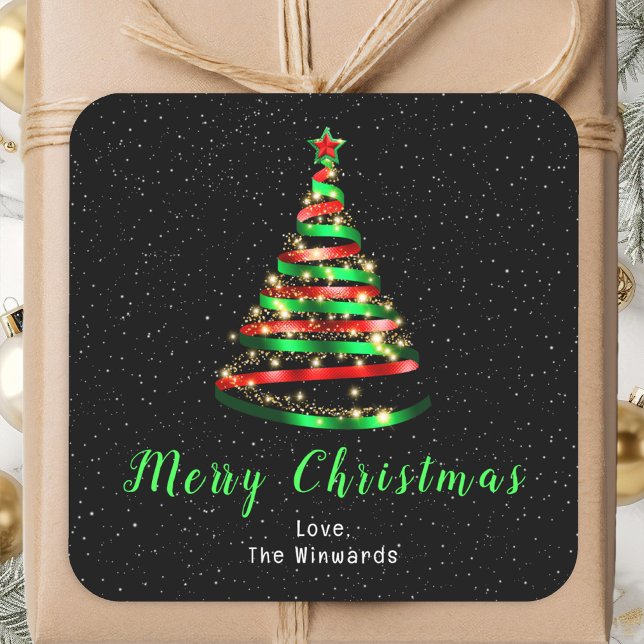 Red and Green Ribbon Tree Merry Christmas Square Sticker (Creator Uploaded)