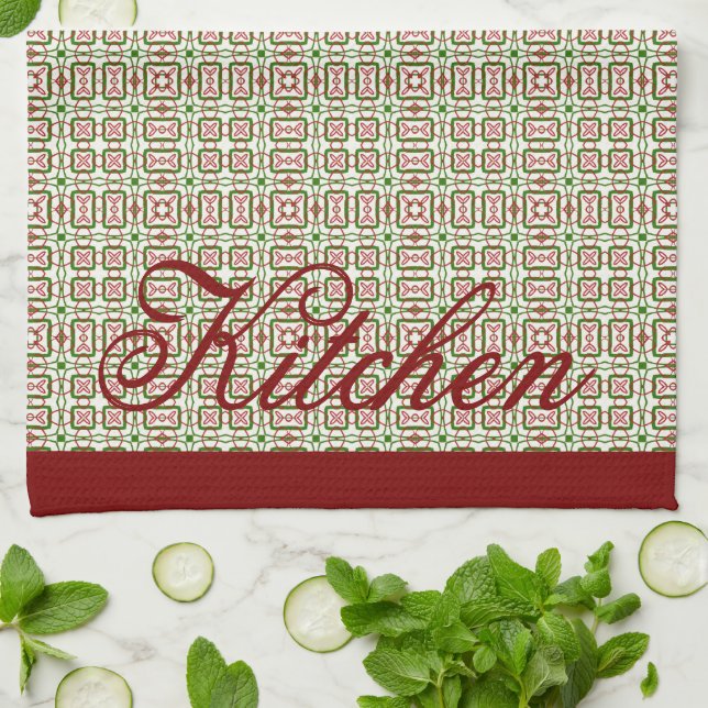 Red and Green Scandi Inspired Print Kitchen Towel (Folded)