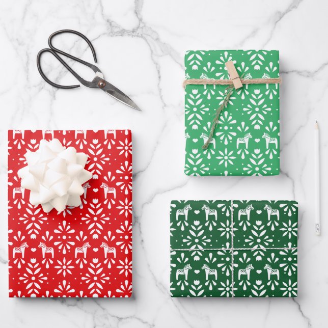 Red and Green Scandinavian Dala Horse Holiday Wrapping Paper Sheet (Front)