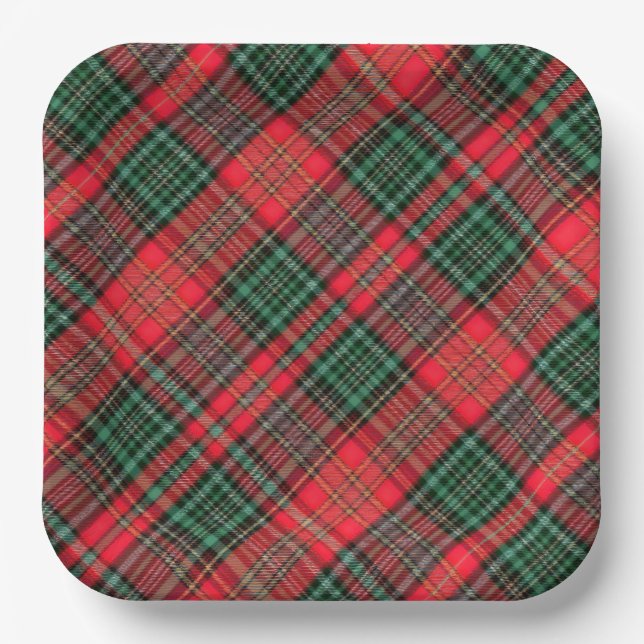 Red and Green Scottish Diagonal Tartan Plaid Paper Plate (Front)