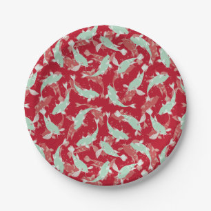Red and Green Seamless Pattern - Koi Fish Paper Plate