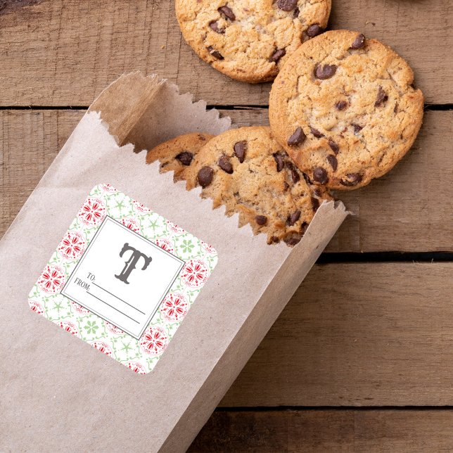 Red and Green Snowflake Christmas  Square Sticker (red and green to and from gift stickers.)