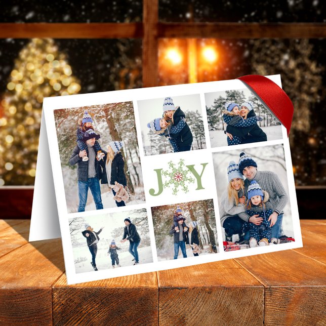 Red and Green Snowflake Joy Multi Photo Holiday Card (Christmas photo card with a whimsical colorful snowflake design. Joy Typography.)