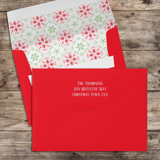 Red and Green Snowflakes Return Address  Envelope (Christmas holiday red and green snowflake pattern envelope)