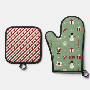 Red and Green Snowman Christmas Oven Mitt & Pot Holder Set