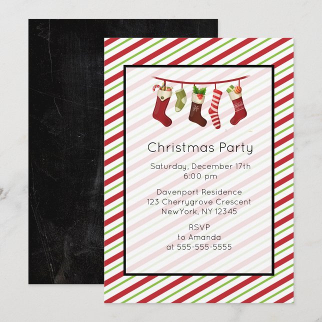 Red And Green Striped Christmas Party Invitation (Front/Back)