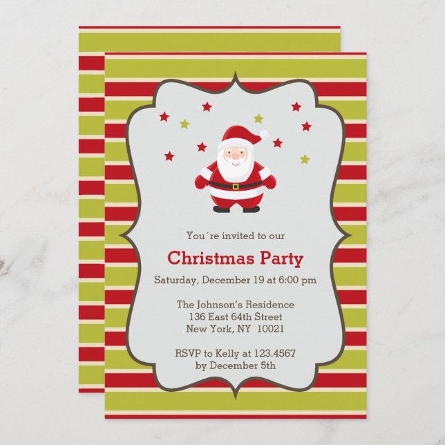 Red and Green stripes and Santa Christmas Party Invitation (Front/Back)