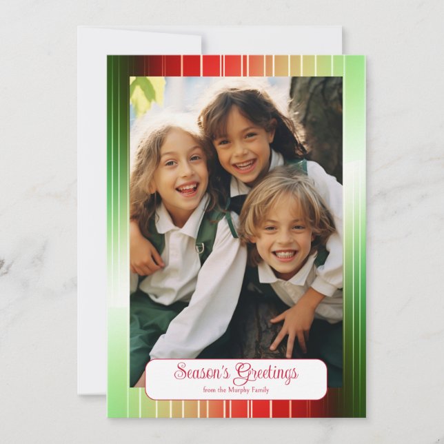 Red and Green Stripes Photo Holiday Greeting Card (Front)
