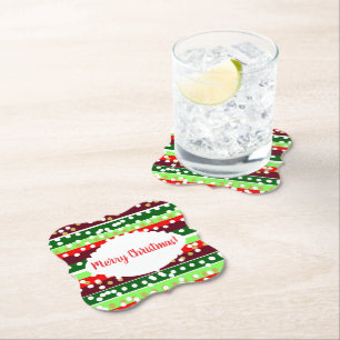 Red and Green Stripes Polka Dots Christmas Paper Coaster