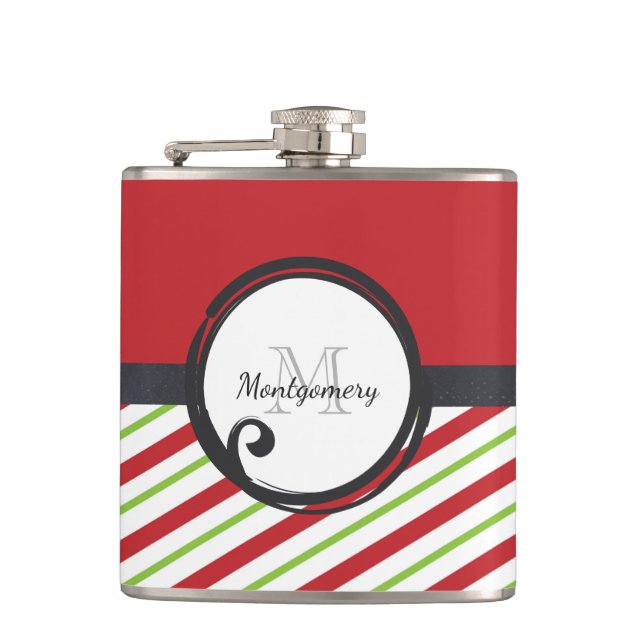 Red And Green Stripes With A Monogram In A Circle Hip Flask (Front)