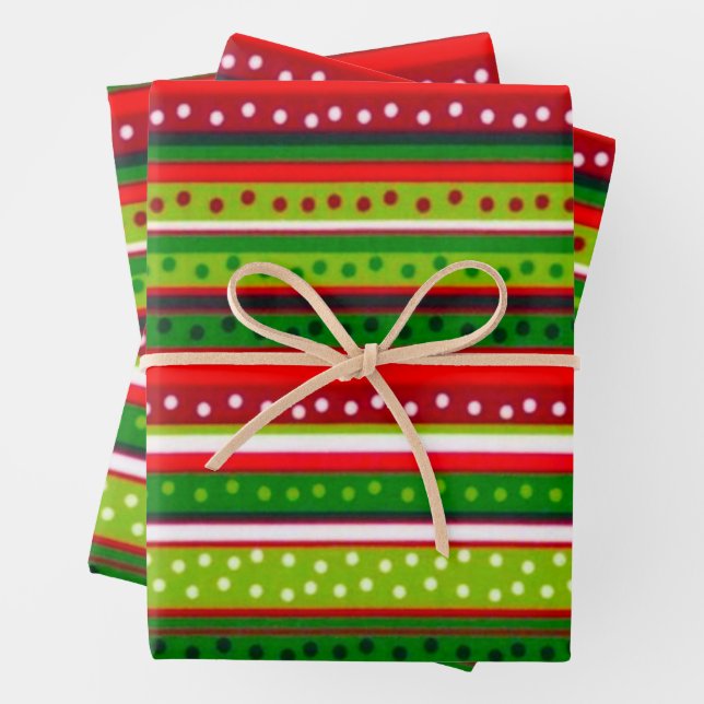 Red And Green Stripes with Polka Dots Christmas  Wrapping Paper Sheet (In situ)