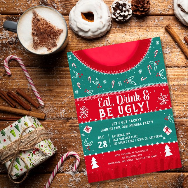 Red and green tacky ugly sweater christmas party invitation (Creator Uploaded)