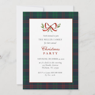 Red and Green Tartan with Bow Christmas Party Invitation