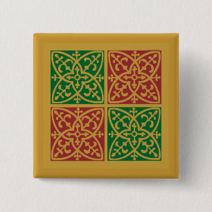 Red and Green Tile Art on Gold Pattern 15 Cm Square Badge