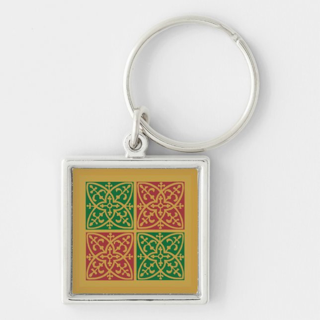 Red and Green Tile Art on Gold Pattern Key Ring (Front)
