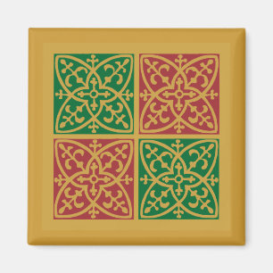 Red and Green Tile Art on Gold Pattern Magnet