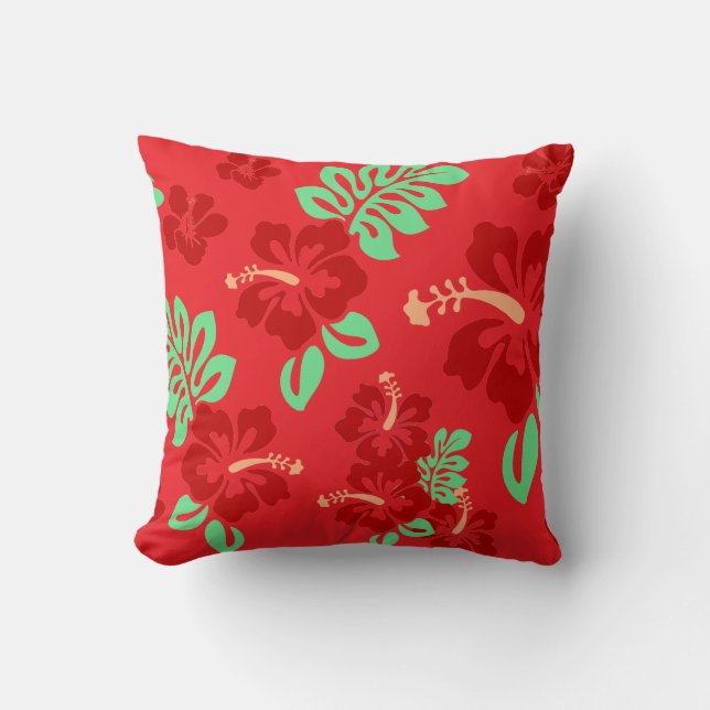 Red and Green Tropical Hibiscus Floral Pattern Cushion (Front)