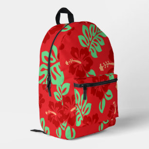 Red and Green Tropical Hibiscus Floral Printed Backpack