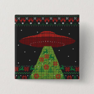 Red and Green UFO Tractor Beam Ugly Christmas 15 Cm Square Badge
