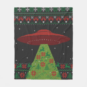 Red and Green UFO Tractor Beam Ugly Christmas Fleece Blanket