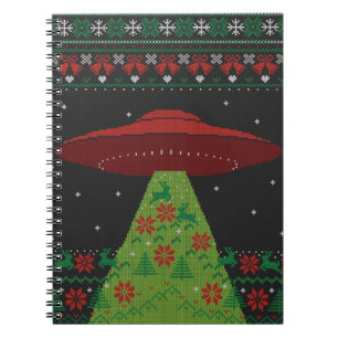 Red and Green UFO Tractor Beam Ugly Christmas Notebook