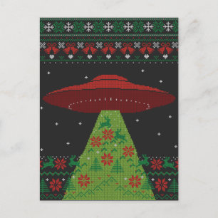 Red and Green UFO Tractor Beam Ugly Christmas Postcard