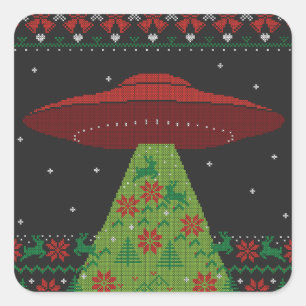 Red and Green UFO Tractor Beam Ugly Christmas Square Sticker