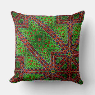Red and green uneven kaleidoscope of triangles to… cushion