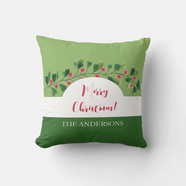 Red And Green Watercolor Berry Branch Personalised Cushion (Front)