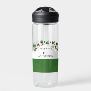 Red And Green Watercolor Berry Branch Personalised Water Bottle