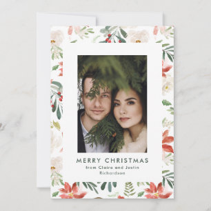 Red and Green Watercolor Christmas Floral Photo Holiday Card