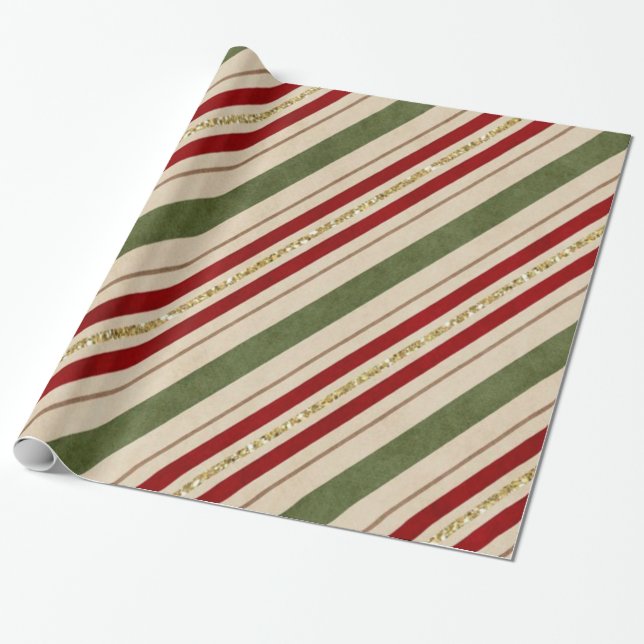 Red and Green Watercolor Stripes Gold Glitter Wrapping Paper (Unrolled)