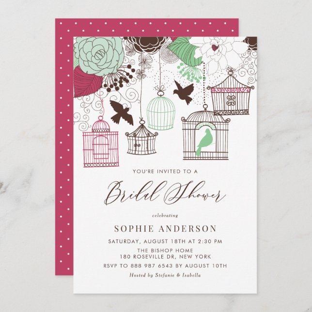 Red and Green Whimsical Birdcages Bridal Shower Invitation (Front/Back)
