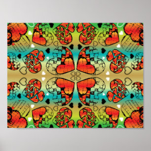 Red and green Whimsical Romantic Hearts pattern Poster